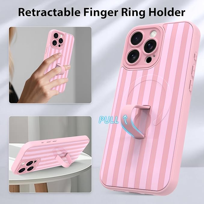 KANGHAR Compatible with iPhone 15 Pro Case, Support for MagSafe, Silicone Stripes Cute Pattern, Wristband Kickstand Camera Protection Soft Slim Cover for Girls Women -Pink