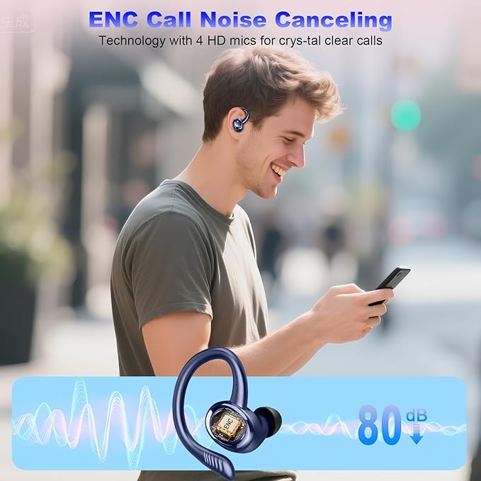 Hupoaf Wireless Earbuds Sport, 2025 Bluetooth 5.4 Headphones with Earhooks, 50H Stereo Deep Bass Over Ear Buds with 4 ENC Noise Canceling Mics, IP7 Waterproof Earphones for Running Workout Gym -Blue