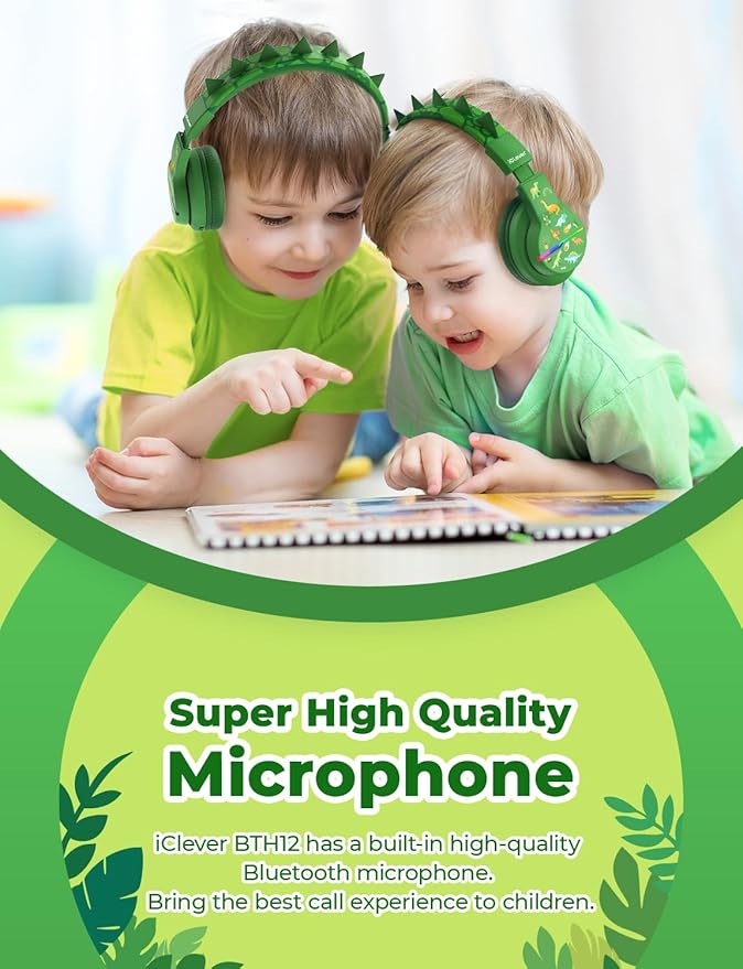 iClever BTH12 Kids Bluetooth Headphones,Colorful LED Lights Wireless Kids Headphones,74/85dBA Safe Volume,85H Playtime,Bluetooth 5.2,Over Ear Dinosaur Headphone Built-in Mic for iPad/Tablet/Airplane