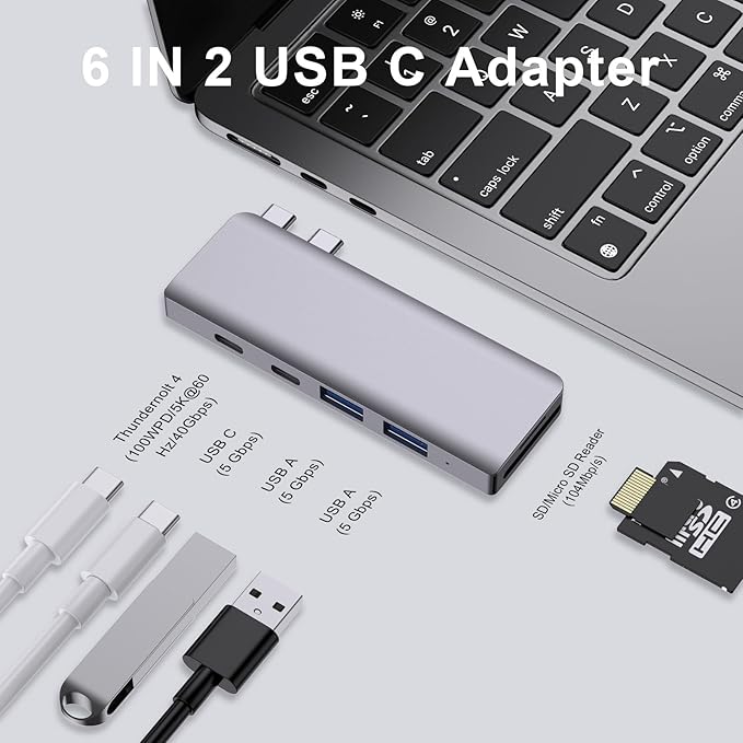 USB C Hub, 6-in-2 USB Adapter for MacBook Pro Air Thunderbolt 4 Dock with 100W PD, 40Gbps, USB-C 3.0, 2 USB-A 3.0, SD/TF Card Reader, Compatible with MacBook Pro Air M1/M2/M3/M4