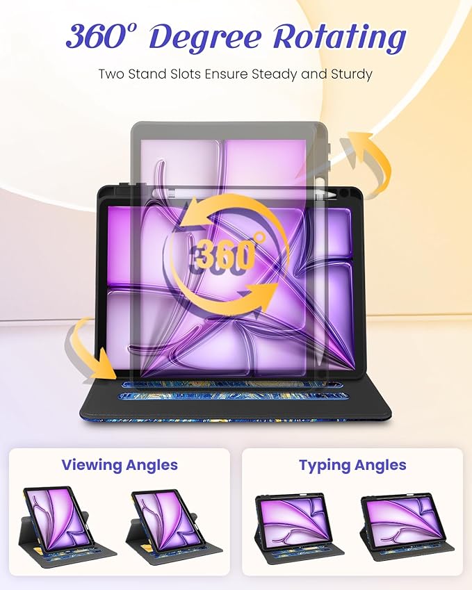 Kidcube for iPad Air 13 Inch Case (M3/M2)/for iPad Pro 12.9 Cases 6th/5th (2022/2021) - Women Girls Kids Cute Rotating Stand Folio Cover with Pencil Holder & Card Slot Design Cool Unique Teens Cover