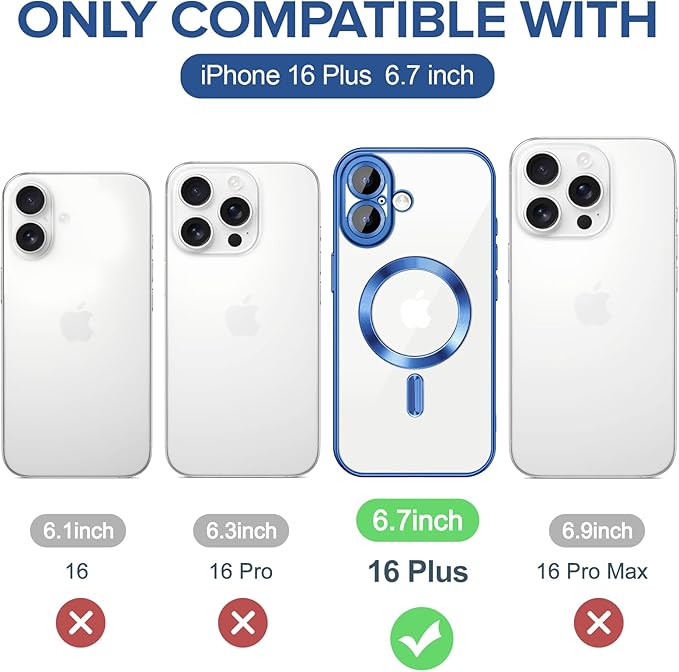 Hython Magnetic Clear for iPhone 16 Plus Case with Camera Lens Protector [Compatible with MagSafe] Luxury Plating Edge Slim Soft TPU Cover Protective Phone Case for iPhone 16 Plus 6.7", Deep Blue