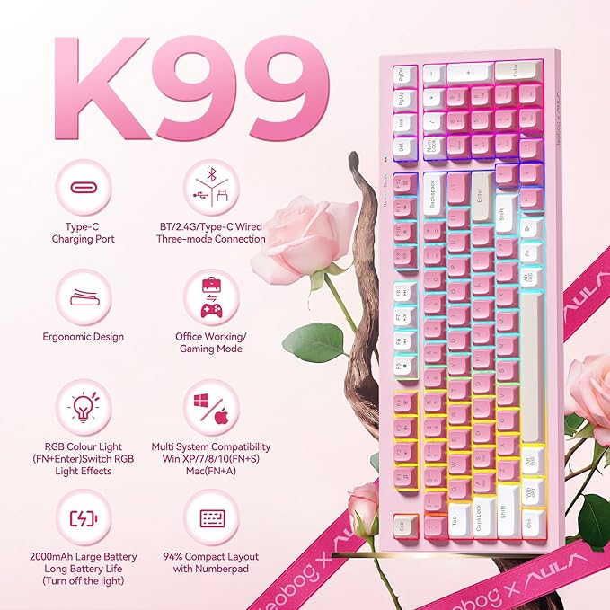 Aula Pink Keyboard, Wireless Gaming Keyboard Bluetooth Computer Keyboards Creamy Color Cute Quiet Keyboard with Number Pad RGB Backlit Tri-Mode BT/2.4GHz/USB-C - K99