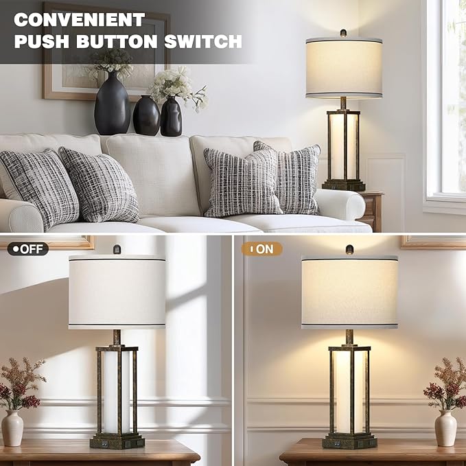 27in Tall Farmhouse Table Lamp with USB C+A & Outlet,Bronze Industrial End Table Lamp for Living Room,Vintage Rustic Bedside Lamp with Night Light for Bedroom Nightstand,Single Bronze