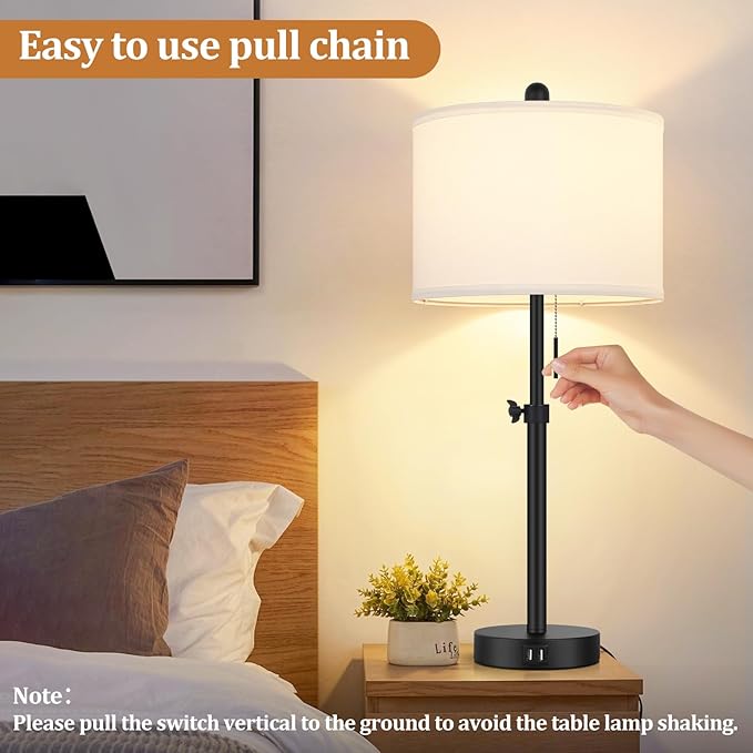 Kondras Table Lamp for Bedroom Set of 2, 23" to 30" Height Adjustable Bedside Lamp with 2 USB Ports, Black Nightstand Lamp with White Shade, Modern Pull Chain Table Lamp for Living Room End Table