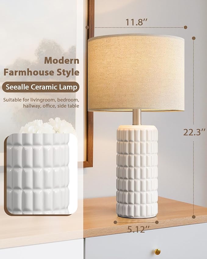 Seealle 23" Modern Ceramic Table Lamps - Table Lamps for Living Room, Farmhouse Bedside Night Stands Lamp for Bedroom, White Boho Nightstand Lamps, Desk Lamp for End Table Home Decor(Single)