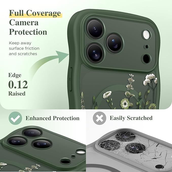 GVIEWIN for iPhone 17 Pro Case Compatible with MagSafe [Curly Wave Edge][Full Camera Protection]Floral Translucent Shockproof Magnetic Women Phone Case for iPhone 17 Pro 6.3'', Floratopia/Forest Green