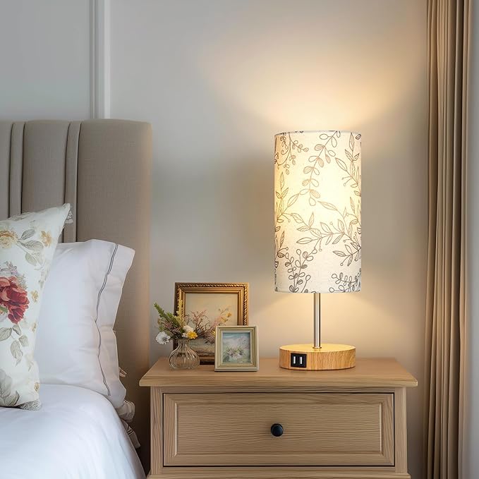 CINSARY Bedside Touch Lamps for Nightstand with 2 USB Charging Ports, 3 Way Dimmable Wood Bedroom Lamp with Flower Fabric Shade, Small Table Lamp for Living Room Reading Desk (LED Bulb Included)