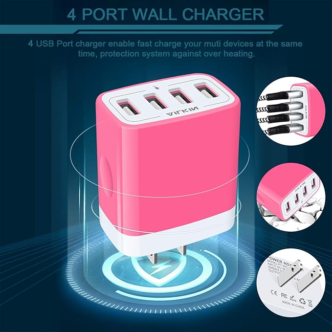 Wall Charger, USB Charger Adapter, AILKIN 4.8A 4Multi Port Fast Charging Station Power Base Block Plug Cube Brick for iPhone, iPad, Samsung Galaxy, Moto, Google Pixel, Kindle Fire Plug Cargador Carro