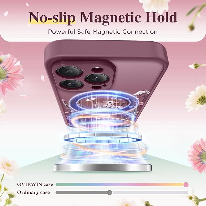 GVIEWIN for iPhone 16 Pro Max Case Compatible with MagSafe, [Military Grade Protection] [Screen Protector] Full Camera Protection Floral Translucent Women Magnetic Phone Case, Floratopia/Burgundy
