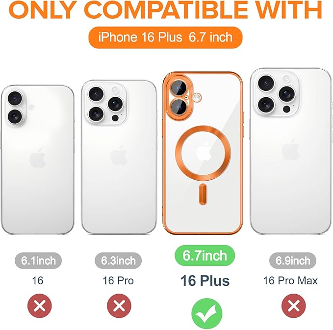Hython Magnetic Clear for iPhone 16 Plus Case with Camera Lens Protector [Compatible with MagSafe] Luxury Plating Edge Slim Soft TPU Cover Protective Phone Case for iPhone 16 Plus 6.7", Matte Orange