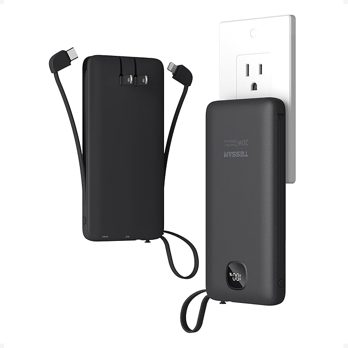 TESSAN Portable Charger with Built in Cables, 10000mAh Power Bank Fast Charging with Foldable AC Plug, PD20W Compact Battery Pack Travel Essentials for iPhone 17/16/15 Series, Samsung, Tablets, Black