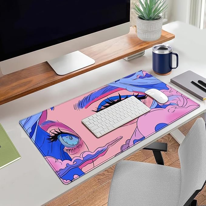 Anime Girl Loving Eye Desk Mat Desk Mat Pink Desk Pad Aesthetic Japanese Mouse Pad Large XXL Gaming Mousepad Computer Keyboard Mat Desk Matt for Desktop Office Decor Deskmat 31.5 X15.7In