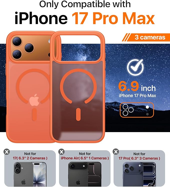 Magnetic for iPhone 17 Pro Max Case,[Anti-Slip][Compatible with MagSafe][Military Grade Drop Protection] Shockproof Protective Translucent Matte Phone Case for iPhone 17 Pro Max Case,Orange