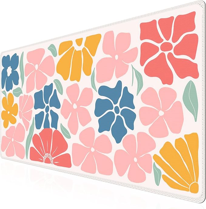 iCasso XXL Large Mouse Mat, Anti-slip Big Mousepad with Stitched Edges, Keyboard Pad Mat for Computer, Work, Gaming (Colorful Flower)