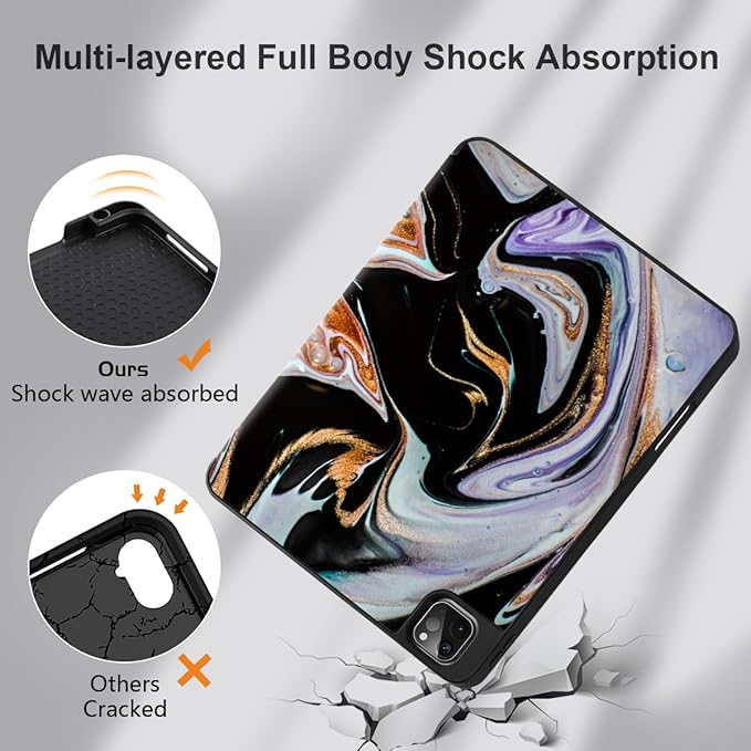 DONGKE Case for 2022/2021/2020/2018 iPad Pro 11 inch Gen 4/3/2/1 - Slim Protective Case - Built in Pencil Holder Support Charging - Trifold Stand & Sleep/Wake Cover- Black Marble