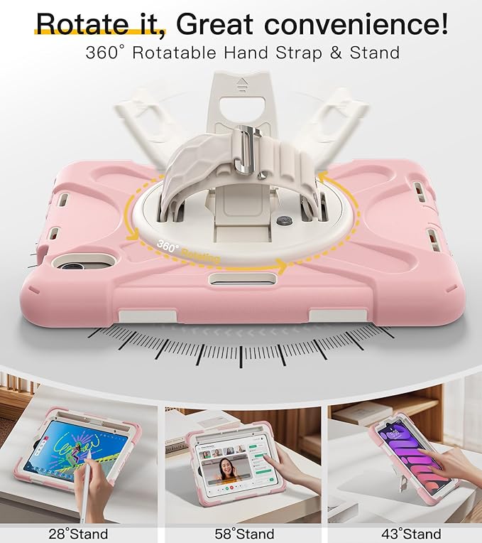 BRAECN for iPad mini 7(A17 Pro)/ 6 case 2024/2021 8.3 inch Heavy Duty Shockproof Protective with Pencil Holder Screen Protector 360°Rotating Stand Handle Full Body Cover Shoulder Strap Kids Friendly