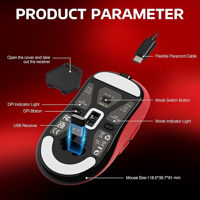 ATTACK SHARK X3 Wireless Gaming Mouse, 49g Ergonomic Computer Mouse, Triple Modes PAW3395 26K DPI Optical Sensor, 200h Battery Life, Programmable Buttons, Gaming Accessories for PC/Laptop/Mac (Red)