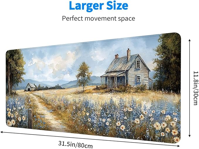 Farmhouse Extended Mouse Pad Wildflower Retro Grassland Blue Sky Mousepad XL Large Gaming Mouse Pad Laptop Keyboard Mat Desk Pad Daily Use with Keyboard and Laptop Devices 31.5x11.8 Inch