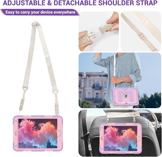 DreamerX for iPad 9th/8th/7th Generation Case (10.2 inch, 2021/2020/2019), Heavy Duty Military Grade Shockproof Protective Cover Stand Pencil Holder Shoulder Strap for iPad 9/8/7 Gen, Purple Rose Gold