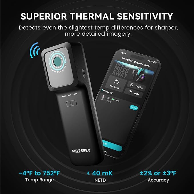 MiLESEEY TP2 Wireless Thermal Imaging Camera for All iPhone, iPad & Android Devices, 512×384 Super Resolution Infrared Camera, 25Hz Detachable Thermal Imager for Electrical, Building, HVAC Detection