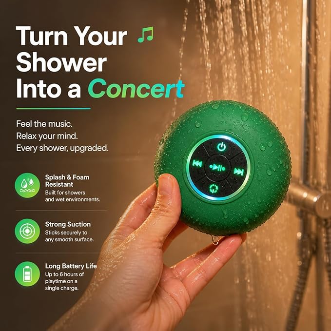 Bluetooth Shower Speaker with LED – Portable Wireless Mini Speaker with Mic & Suction Cup, IPX4 Water Resistant for Shower, Travel, Pool, River Floating, and Outdoor Fun (Green)