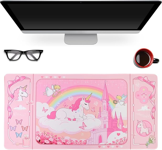 PERFECTSIGHT Cute Unicorn Desk Pad Kawaii Dream Desk Mat, Large Gaming Mouse Pad, Funny Deskmat Mousepad, Laptop Keyboard Pad Office Home Decor for Women Girls, Light Pink