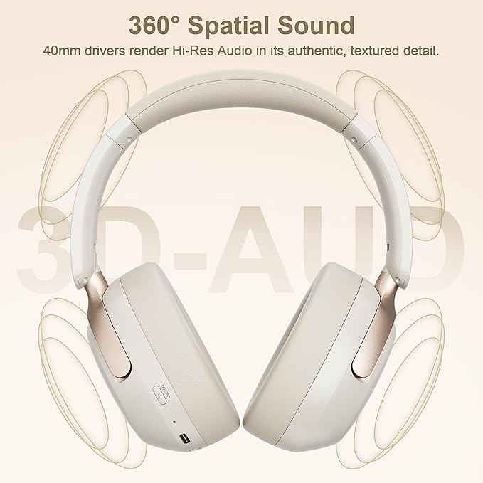LORELEI QC30 Hybrid Active Noise Cancelling Headphones,Over-Ear Wireless Bluetooth,Beige Protein Leather, Active Noise Control & Transparency Mode,Deep Bass, Built-in Mic