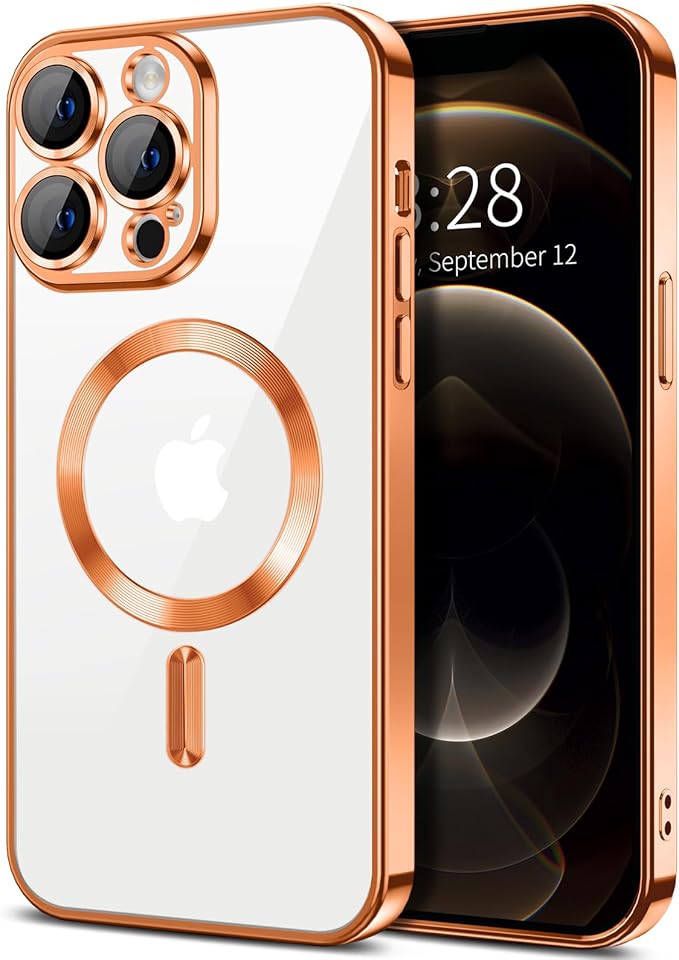 Hython Magnetic Clear for iPhone 12 Pro Max Case with Camera Lens Protector [Compatible with MagSafe] Plating Edge Slim Soft TPU Cover Protective Phone Case for iPhone 12 Pro Max 6.7", Orange