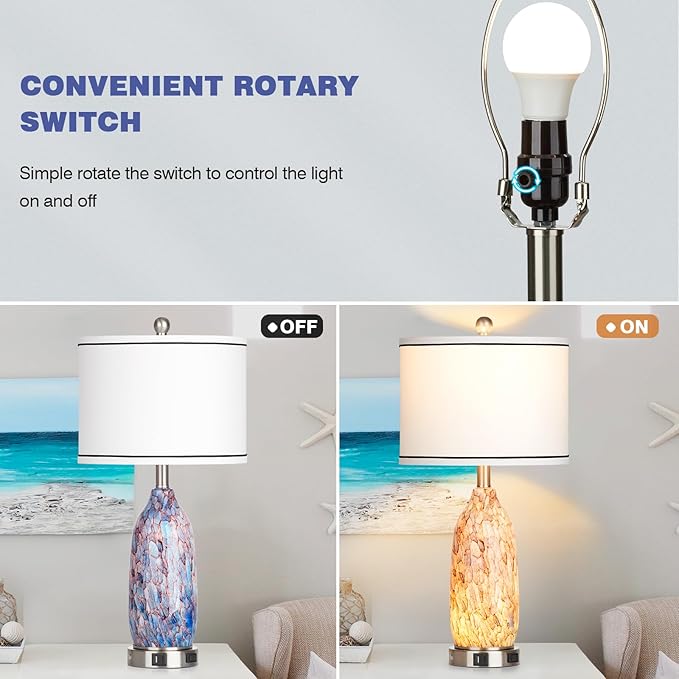 Rinweey 26" Coastal Glass Table Lamps Set of 2,Nautical lamp with USB A+C Ports & AC Outlet,Bule Bedside Lamps with 3-Way Dimmable Touch Control Night Light for Bedroom Living Room(Bulbs Included)