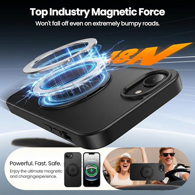 360°Ring Stand for iPhone 16E/17E Case with 2X Screen Protector,Fit for MagSafe, Anti-Yellowing & Scratch-Resistant Back Phone Case for iPhone 16E/17E 6.1", Black