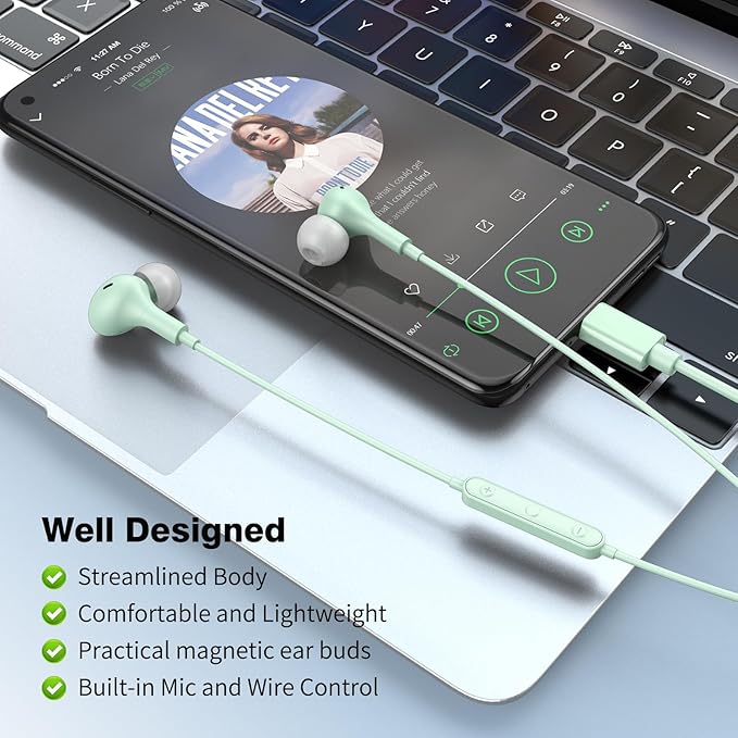 APETOO USB C Headphones for iPhone 17 16 15 Plus iPad 10th Wired Earbuds for Samsung S26 S25 S24 S23 S22 Magnetic Noise Canceling in-Ear Type C Earphones with Mic Volume Control for Pixel 9 8 7, Mint