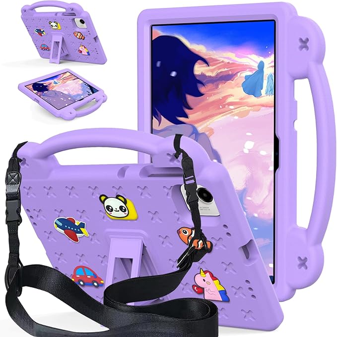 AKABEILA Compatible with Honor Pad X9a 2025 11.5 inch Tablet Case, Kids Friendly Universal Lightweight Shockproof Protective Case with Shoulder Strap & Stand Handle Light Purple