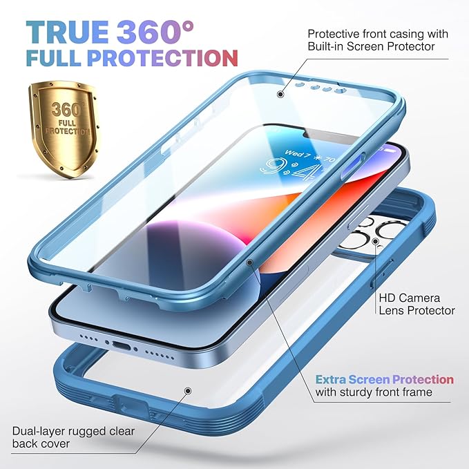 Diaclara Designed for iPhone 14 Case, Full Body Rugged Case with Built-in Touch Sensitive Anti-Scratch Screen Protector, with Camera Lens Protector for iPhone 14 6.1" (Blue and Clear)