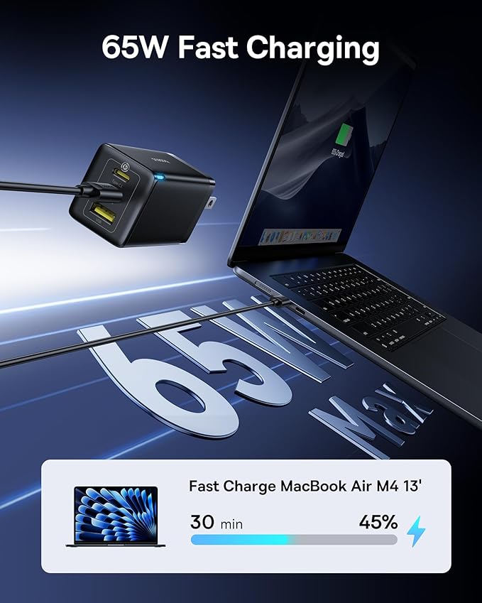 Baseus 2 Pack 65W USB C Charger Block, PPS 3-Port Fast Compact Foldable USB C Charger for MacBook, iPad Pro, Galaxy S24, iPhone 17/16 and More Series