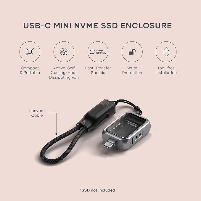 Satechi M.2 NVMe Mini SSD Enclosure with 10Gbps Transfer Speed, Up to 2TB SSD Storage, Active Auto Cooling, Compact and Portable USB C Case, Supports NVMe 2230 SSDs (SSD Not Included)