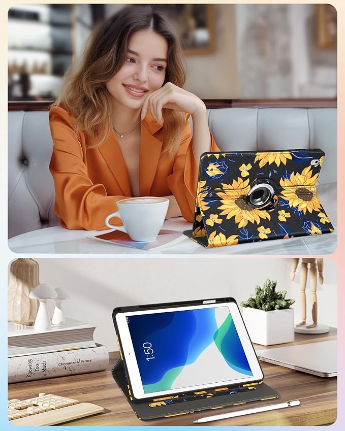Kidcube for iPad Air 3rd Generation Case/Pro 10.5 Inch Case - Women Girls Kids Cute Rotating Stand Folio Cover with Pencil Holder & Card Slot Kawaii Sunflower Design Cover for iPad Pro 10.5''/Air 3rd