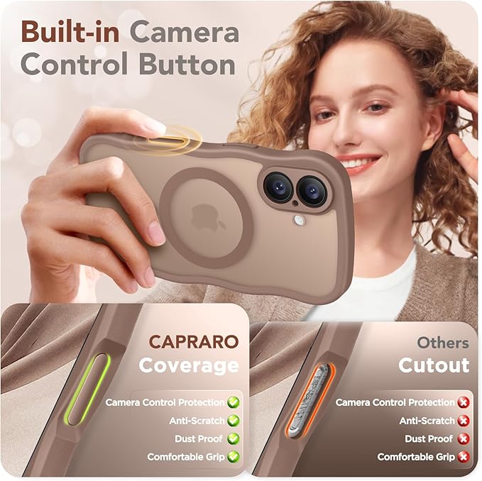 CAPRARO Magnetic for iPhone 17 Case for Women Girls, Upgraded [Full Camera Protection] [Compatible with MagSafe] Cute Wave Translucent Matte Phone Case for iPhone 17, Brown