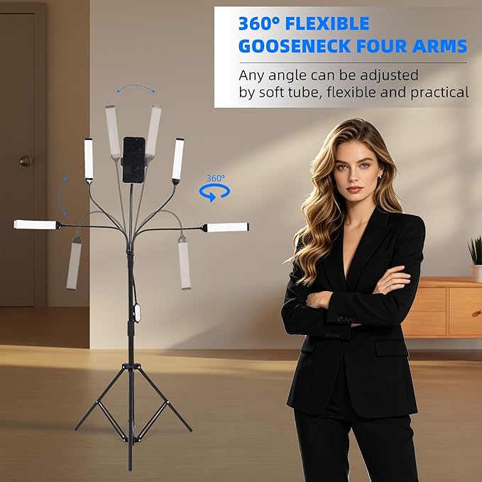 Esthetician Light Tattoo Lash Make up Light for Video Recording, Dimmable Four Arms LED Floor Lamp for Lash Techs, Estheticians & Tattoo Artists with Tripod Stand&Phone Holder