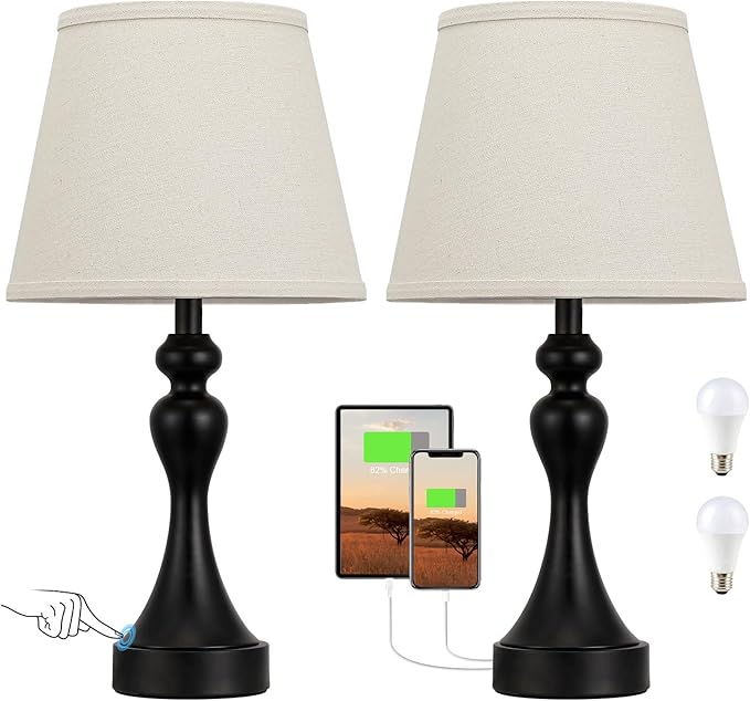 Seealle Touch Lamps for Nightstand - Bedside Lamps Set of 2, 3 Way Dimmable, USB C+A for Bedroom & End Tables (LED Bulbs Included)