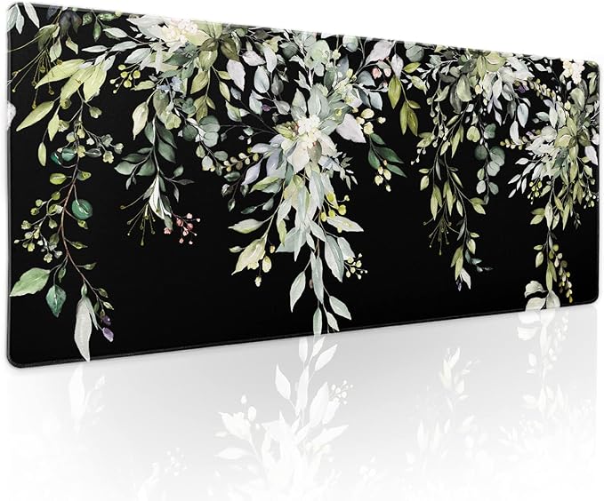 Sage Green Leaves Gaming Mouse Pad XL Spring Summer Floral Extended Large Desk Mat Black Big Mousepad Non-Slip Rubber Base Stitched Edge Long for Desktop Office Computer Gamer,31.5×11.8 in