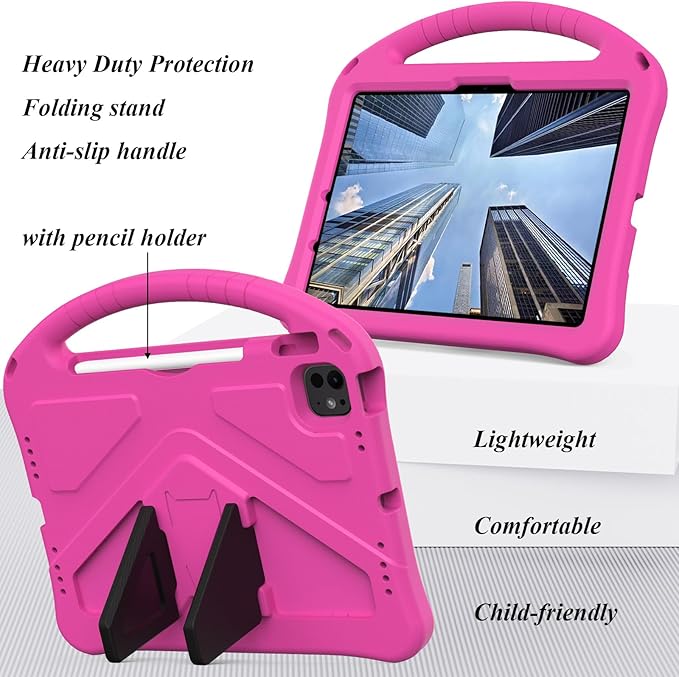 Kids Case for iPad Air 11 inch M4/M3/M2 (2026/2025/2024) & iPad Pro 11 inch M5/M4 (2025/2024) with Pencil Holder/Handle Kickstand/Lightweight Soft EVA Shockproof Boy Girl Stand Cover, Rose