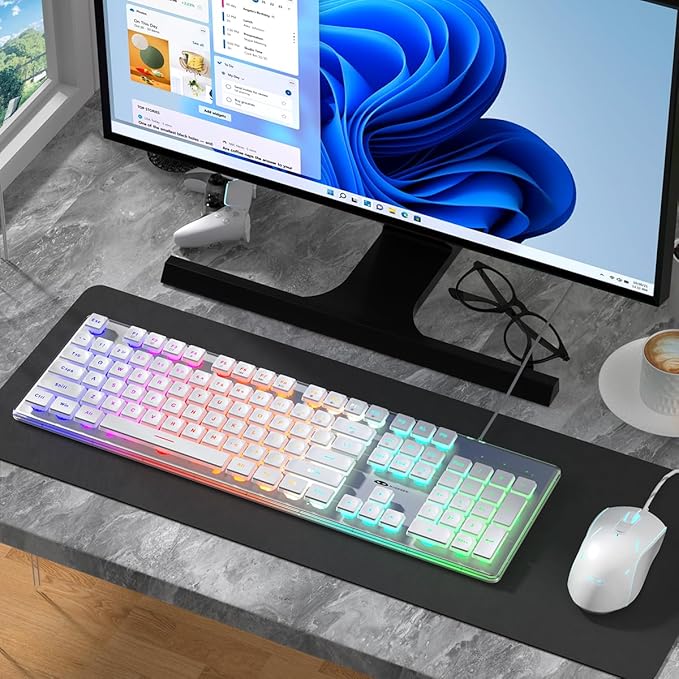 Camiysn Gaming Creamy Keyboard and Mouse, White 104 Keys RGB and 6 Speed RGB Mouse Combo, Pudding Keycaps Silent Computer Keyboard for Computer/PC/Laptop/Mac/Windows/Office