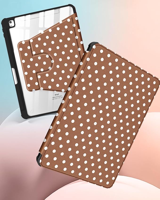 Uppuppy for iPad 9th/8th/7th Generation Case for iPad Air 3rd/ Pro 10.5” Case - 360 Rotating Stand Folio Smart Cover with Pencil Holder for Women, Brown Polka for Apple Tablet 7/8/9 Gen 10.2 inch