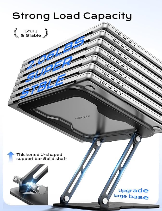 JCZT Adjustable Laptop Stand for Desk, Metal Foldable Laptop Riser, Portable Laptop Holder Mount, Ventilated Cooling Notebook Stand for MacBook Air Pro, All 10-16'' Notebooks Laptops Black