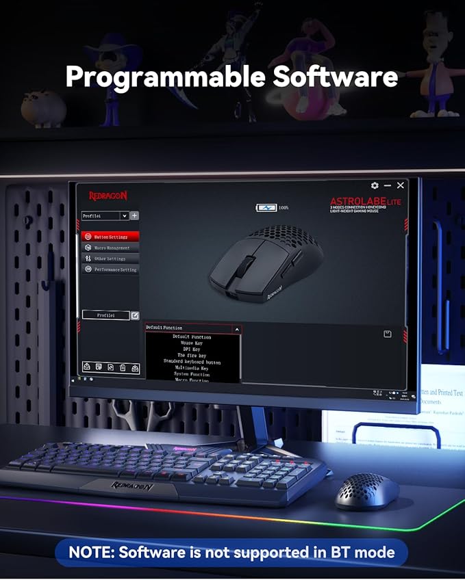 Redragon M725 Honeycomb Shell Gaming Mouse Wireless, Ultra Lightweight 49g, 8000 DPI Tri-Mode BT5.1/2.4GHz/Type-C Wired Gamer Mouse with 2 Side Buttons, Macro Programmable for PC/Mac/Laptop, Black