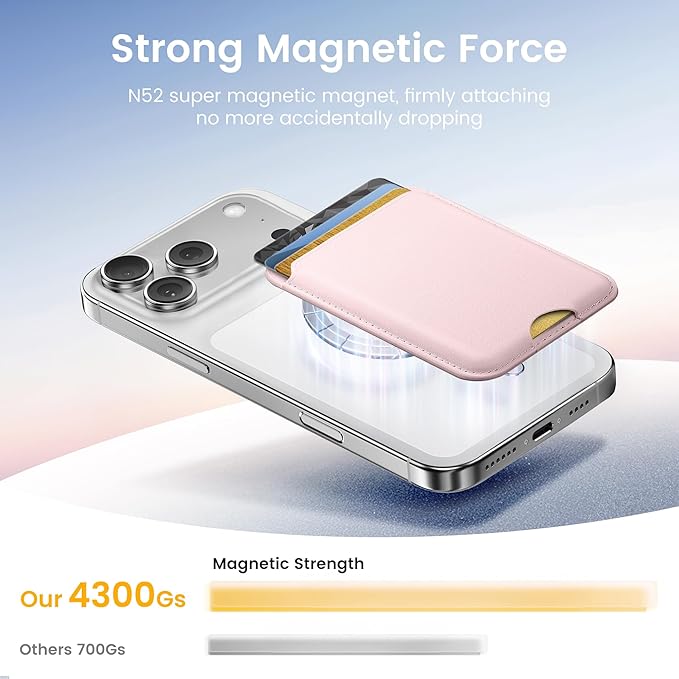 Stronger Magnetic Wallet for iPhone 17/16/15/14/13/12 Series & for MagSafe-compatible Cases, Slim Leather Magnetic Card Holder with RFID Blocking, N52 Magnet Phone Wallet, Fit 3 Cards, Pink
