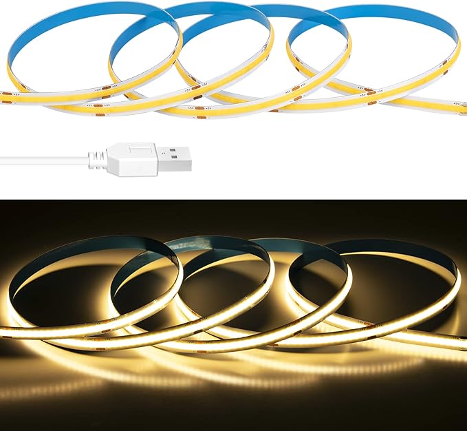 USB LED Light Strip 6.56FT, 5 Volt USB Powered COB LED Tape Lights, 3000K Warm White 8mm High Density Flexible Strips CRI90+ for TV Backlight Under Cabinet Bedroom, No Controller and Power