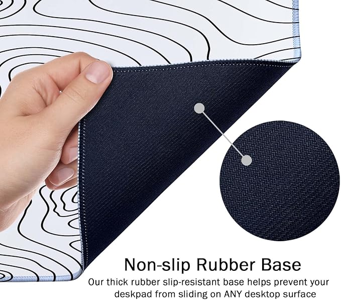SSOIU White Topographic Desk Mat - Extended Gaming Mouse Pad (35.5x15.7 in), Large Non-Slip Rubber Base with Stitched Edges