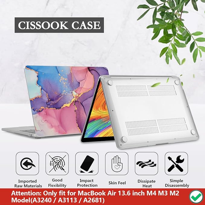 CISSOOK Compatible with MacBook Air 13.6 inch Case 2026 2025 2024 2022 Release M5 M4 M3 M2 Chip, Plastic Hard Shell Case Keyboard Cover for MacBook Air 13.6 inch A3449 A3240 A3113 A2681, Purple Marble